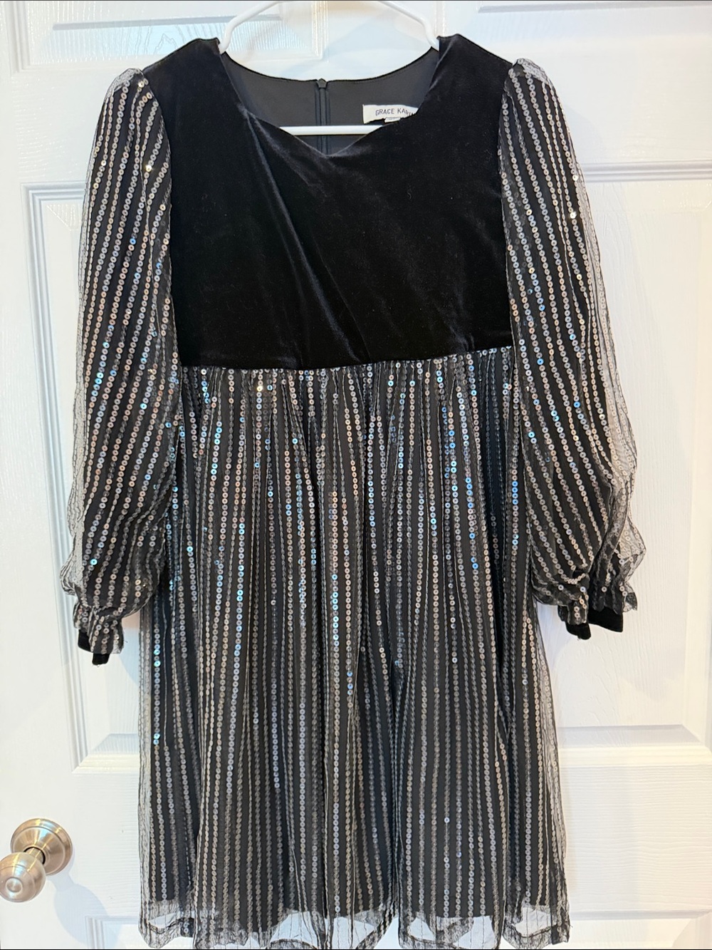 Grace Karin Black Velvet Dress with Silver Sequin Stripes